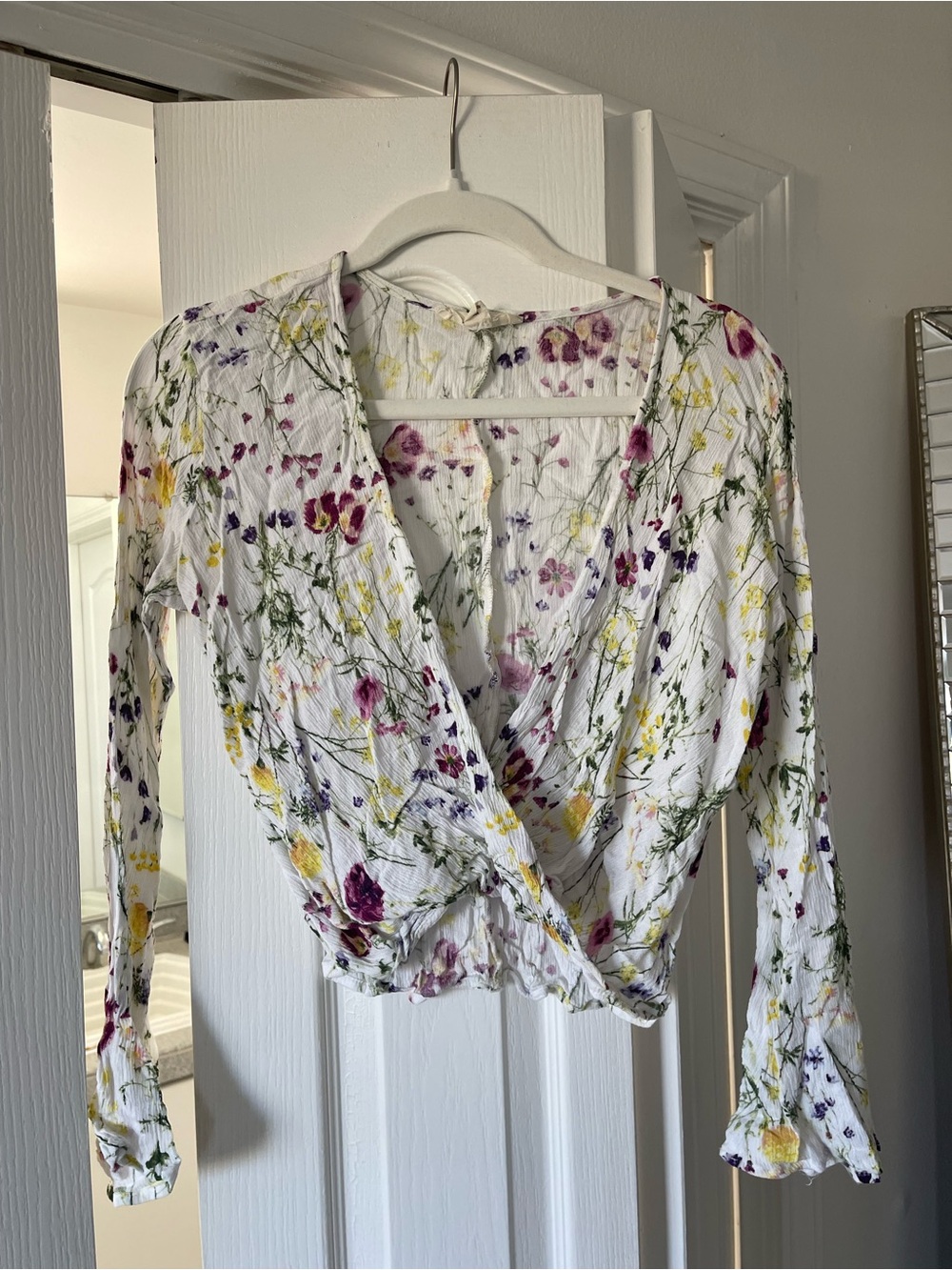 Lovestitch White Floral Wrap V-Neck Long Sleeve Top